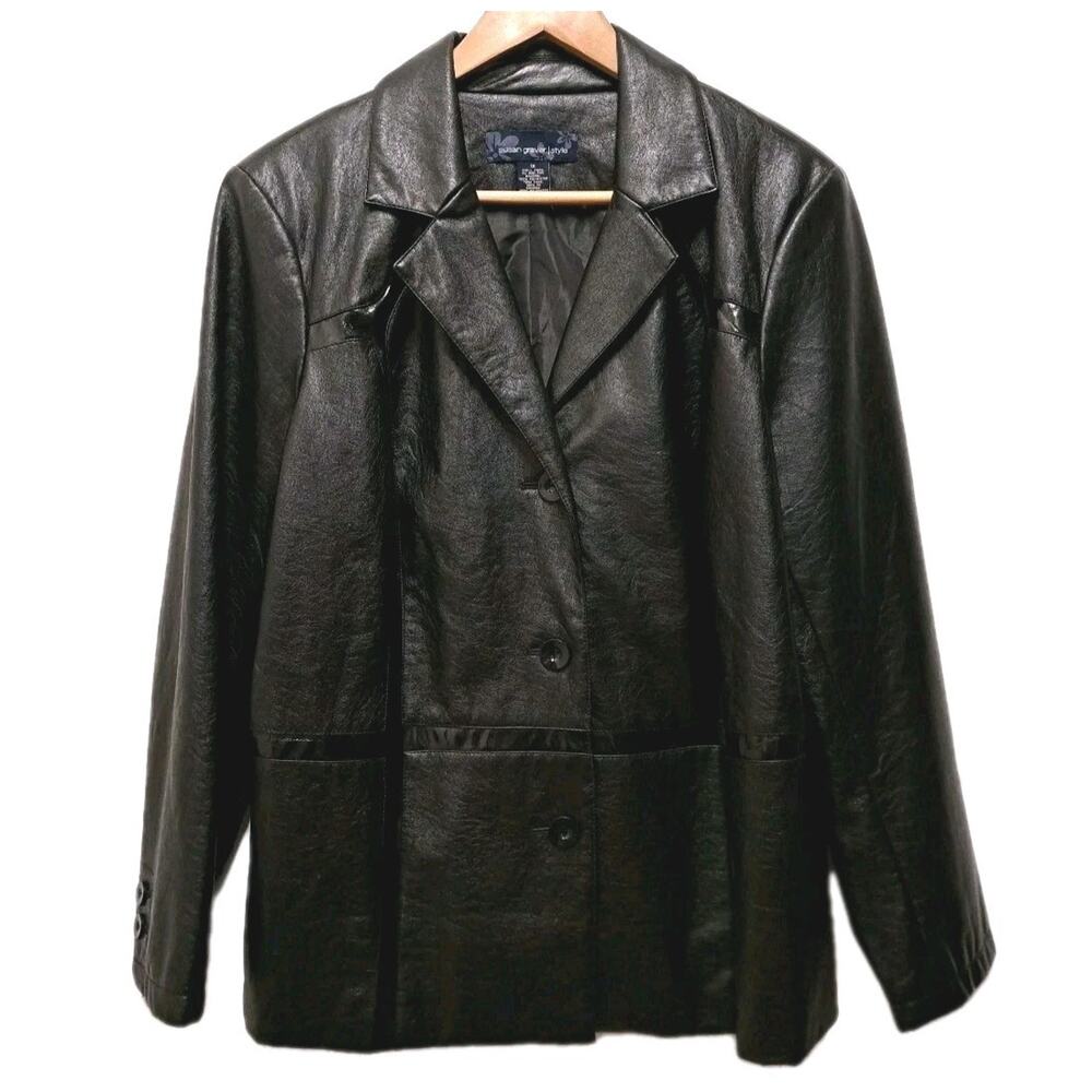 Susan Graver Blazer Jacket Womens 1X Black Faux Leather Button Front Lined Vegan